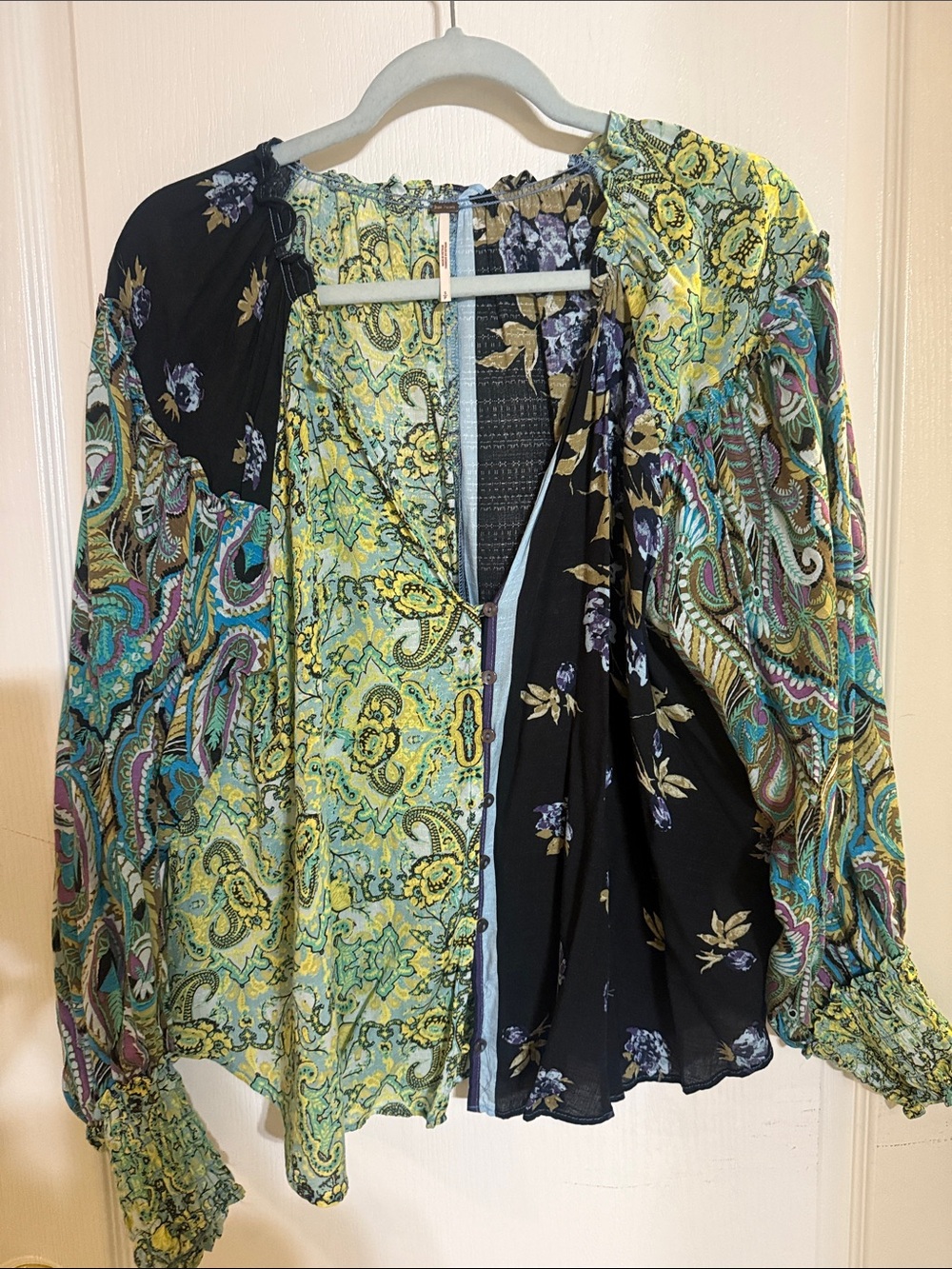 Free People Patchwork Floral Peasant Blouse - Yellow/Black/Green